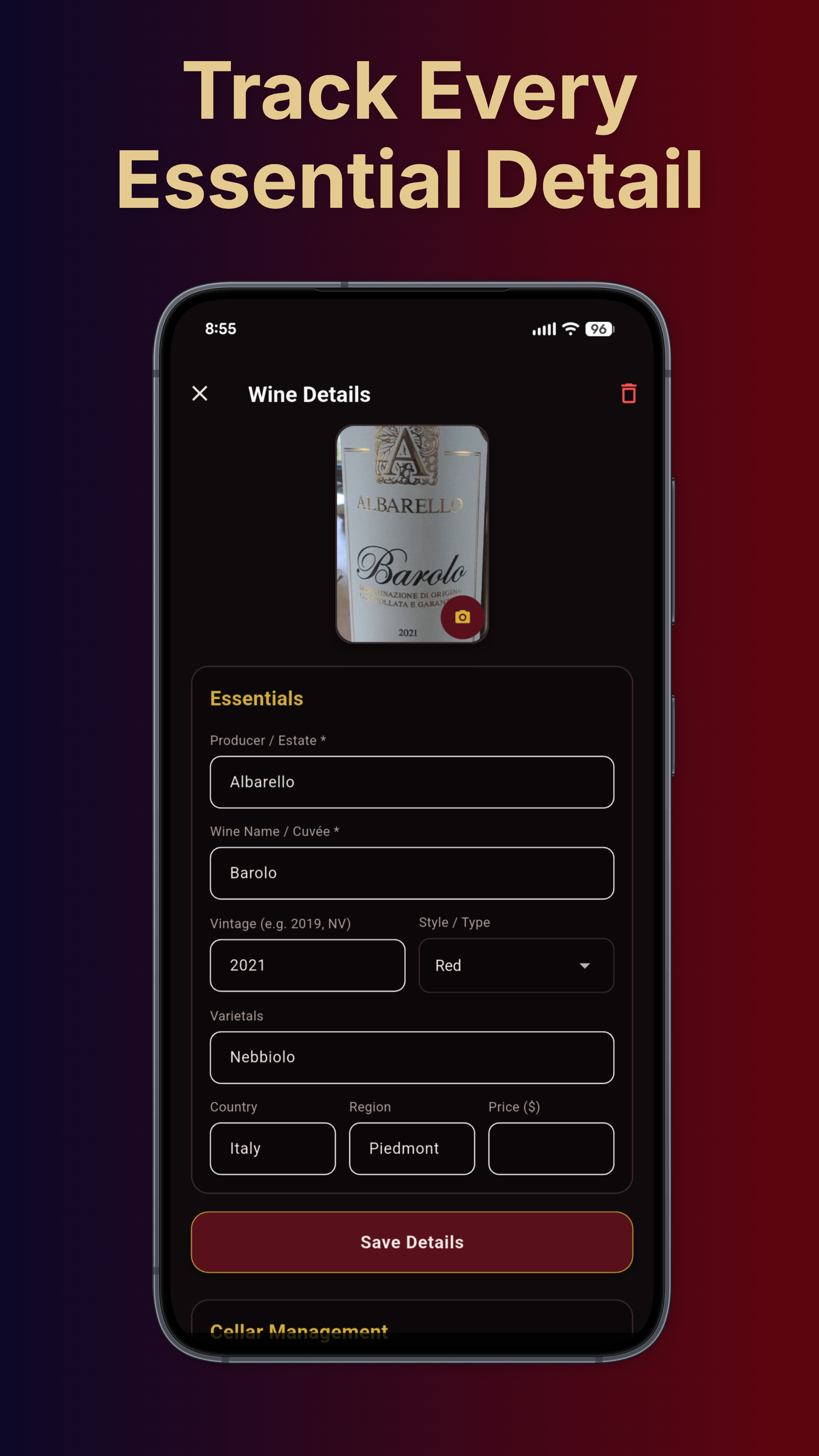 Sommlr Bottle Detail Screen